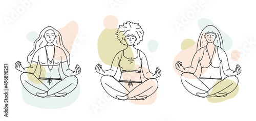 The girl is sitting in the lotus position and meditating. A young woman is doing yoga. Delicate vector illustration in line art style.