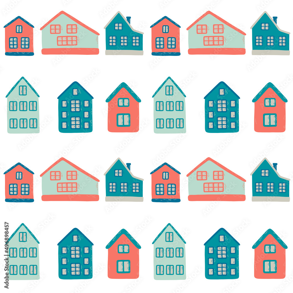 Vector seamless pattern with small cartoon houses on white background. Cute illustration for wallpaper, wrapping paper, background, fabric, textile. Vector seamless pattern with small cartoon houses on white background. Cute illustration for wallpaper, wrapping paper, background, fabric, textile.