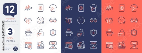 Set of Lock, Growth chart and Sunglasses line icons. Include File management, Shield, 24 hours icons. Food market, Fake review, Clean t-shirt web elements. Coffee cup, Work home, Teacher. Vector