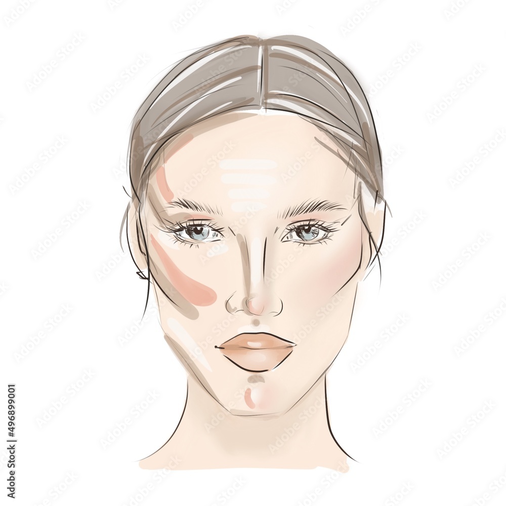 Face shape contour guide. illustration. Contour face map. How to contour woman face. Face shape contour guide. illustration. Contour face map. How to contour woman face.