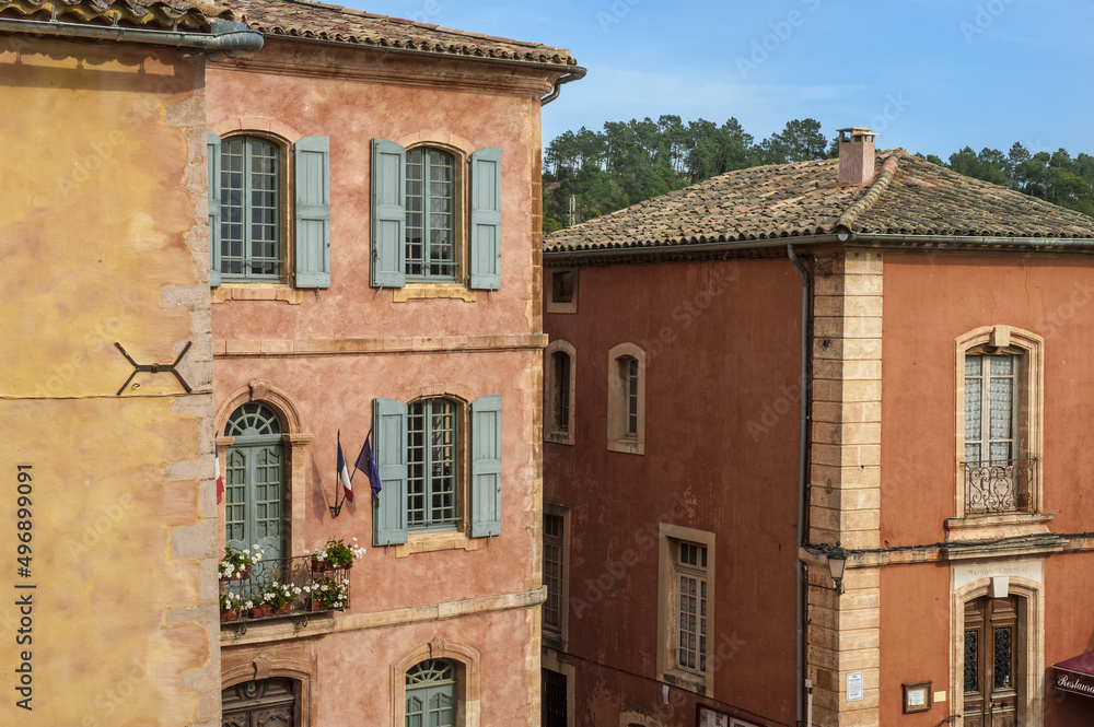 Orange colored facade houses,Roussillon village, Vaucluse, Provence, France
