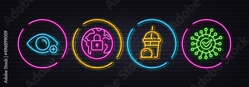 Ice cream milkshake, Farsightedness and Lock minimal line icons. Neon laser 3d lights. Coronavirus icons. For web, application, printing. Sundae milkshake, Eye vision, Web protection. Vector