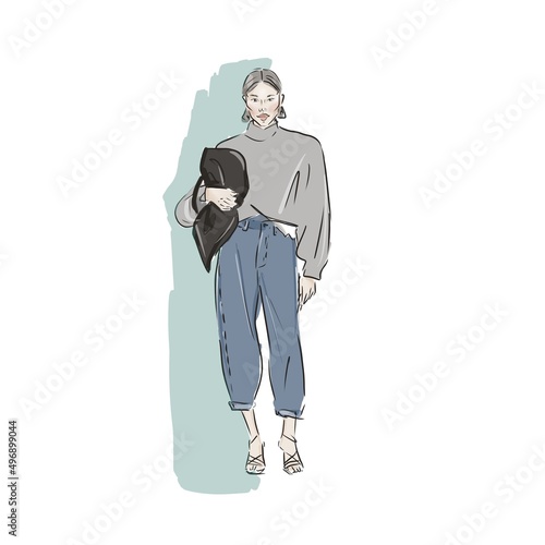 Sketch illustration woman in jeans and oversize sweater. In his hands big black bag. Fashion illustration.
