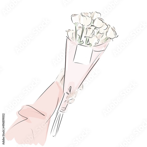 Woman holding a flower bouquet. Sketch illustration.