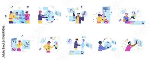 People in VR headsets and gloves in metaverse flat vector illustrations set. People working and communicating in augmented reality concept. Business partners working in VR.