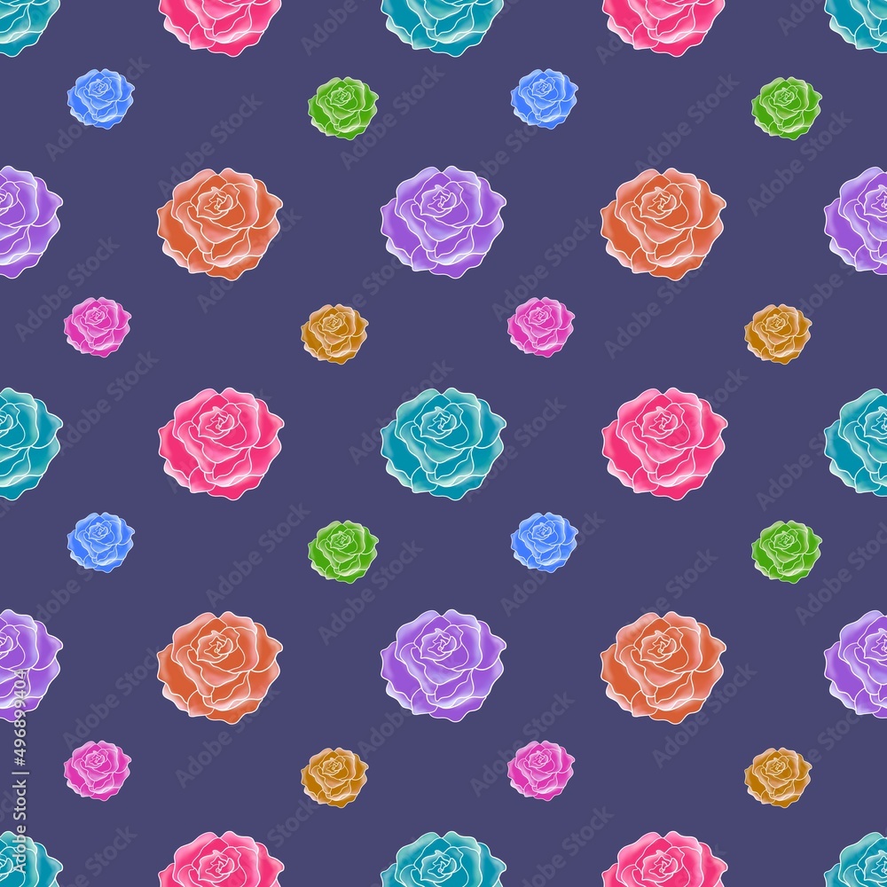 Seamless pattern with roses colorful tropical rose flowers illustration background template for trendy folk style modern floral background