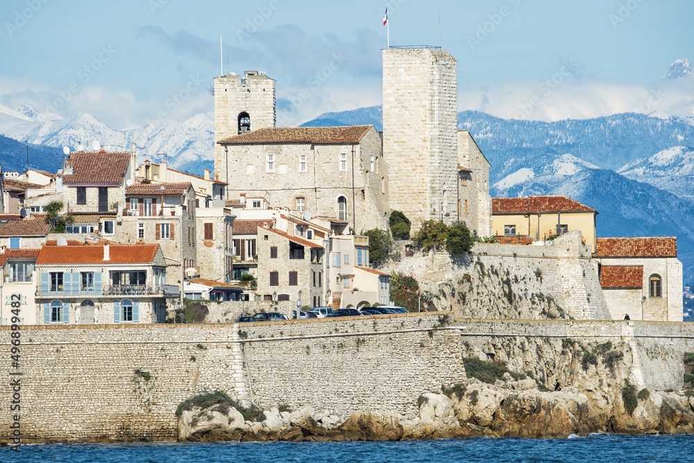 View over Antibes old town and snow-covered Alpes, Alpes-Maritimes Department, Cote d’Azur, France