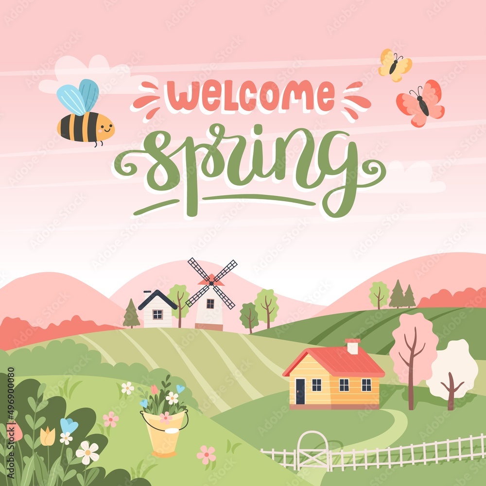 Welcome spring - landscape with trees, fields, houses and windmill. Hand drawn lettering. Easter background, countryside landscape. Vector illustration