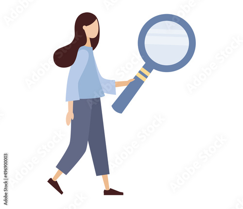 Business woman with huge magnifier. Explore and analytics, research and information search. Vector flat illustration