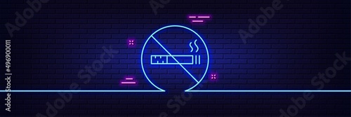 Neon light glow effect. No smoking line icon. Stop smoke sign. Hotel service symbol. 3d line neon glow icon. Brick wall banner. No smoking outline. Vector