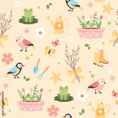 Spring flower pattern - tulips, birds and butterflies, gardening tools. Vector illustration in flat cartoon style