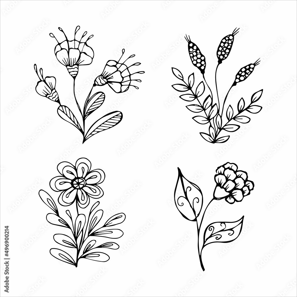 Set of hand drawn flowers single doodle elements for coloring, black and white vector image Set of hand drawn flowers single doodle elements for coloring, black and white vector image