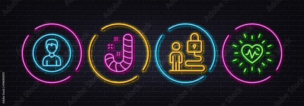 Candy, Lock and Person minimal line icons. Neon laser 3d lights. Heartbeat icons. For web, application, printing. Lollypop, Online security, Edit profile. Medical heart. Neon lights buttons. Vector
