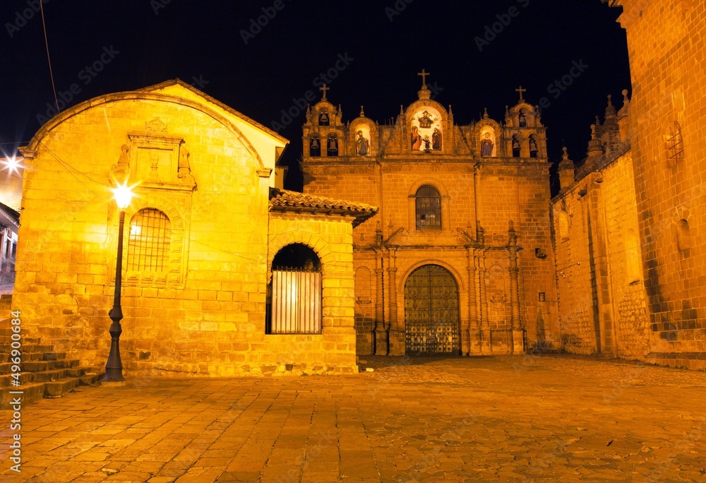 night view of Cusco or Cuzco cathedral on main square