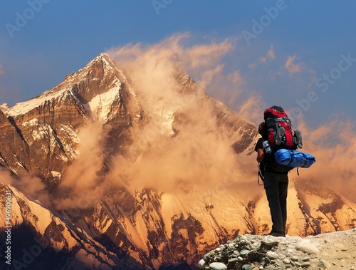 Evening colored view of Mount Lhotse with tourist