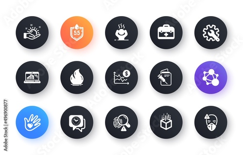 Minimal set of Integrity, Ph neutral and Vaccination passport flat icons for web development. Augmented reality, Customisation, Difficult stress icons. Social responsibility, Clock. Vector