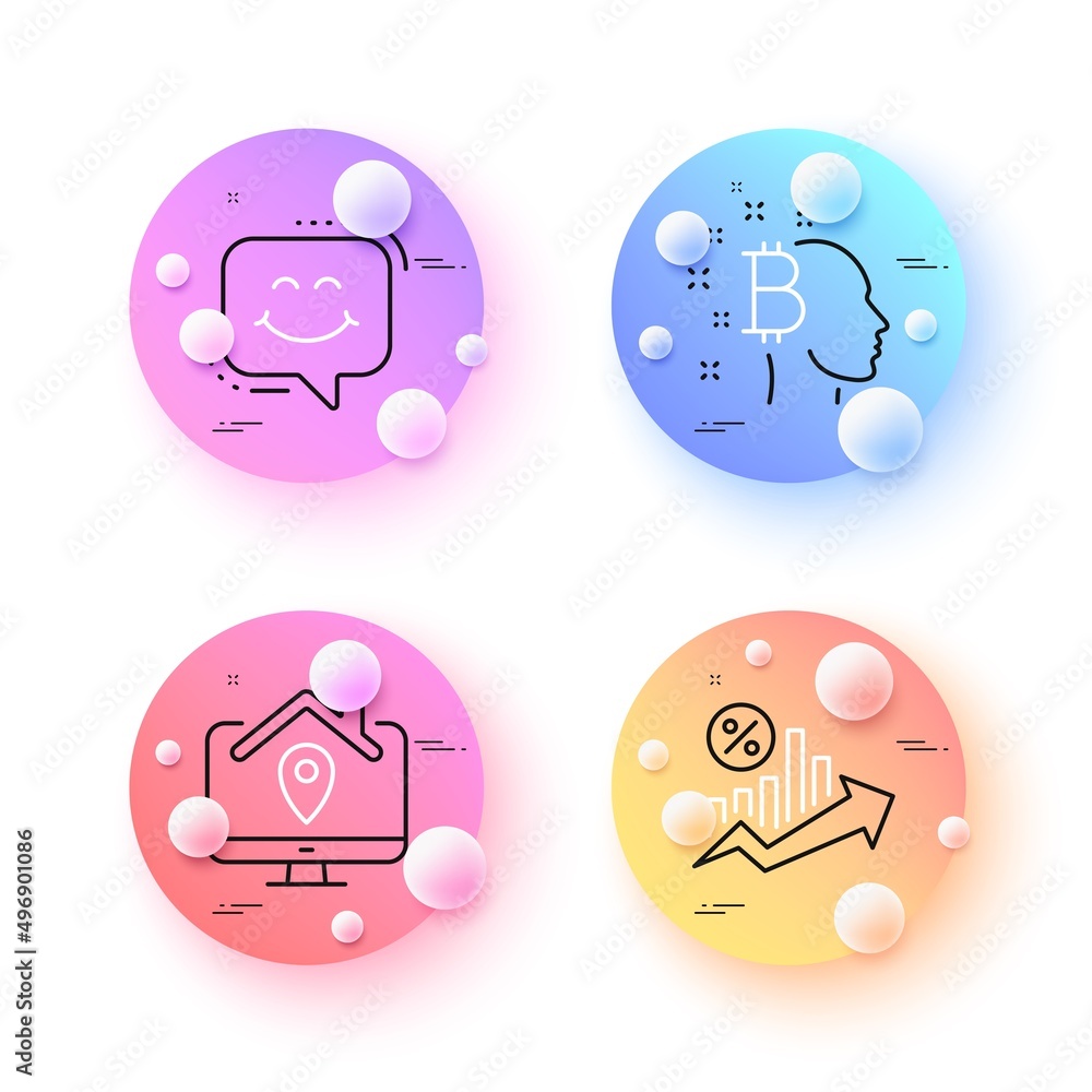 Smile chat, Bitcoin think and Work home minimal line icons. 3d spheres or balls buttons. Loan percent icons. For web, application, printing. Happy face, Cryptocurrency head, Freelance work. Vector Smile chat, Bitcoin think and Work home minimal line icons. 3d spheres or balls buttons. Loan percent icons. For web, application, printing. Happy face, Cryptocurrency head, Freelance work. Vector