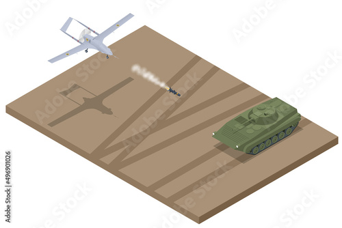 Isometric Unmanned combat aerial vehicle. Medium-altitude long-endurance MALE unmanned combat aerial vehicle UCAV capable of remotely controlled or autonomous flight operations.