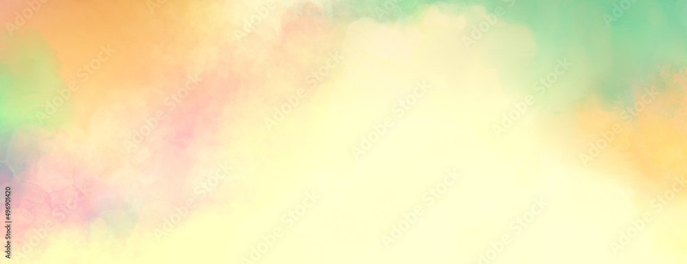 Abstract sunrise or sunset sky with puffy white clouds illustration, warm pastel colors of pink blue yellow  green purple and orange with faint watercolor painted texture
