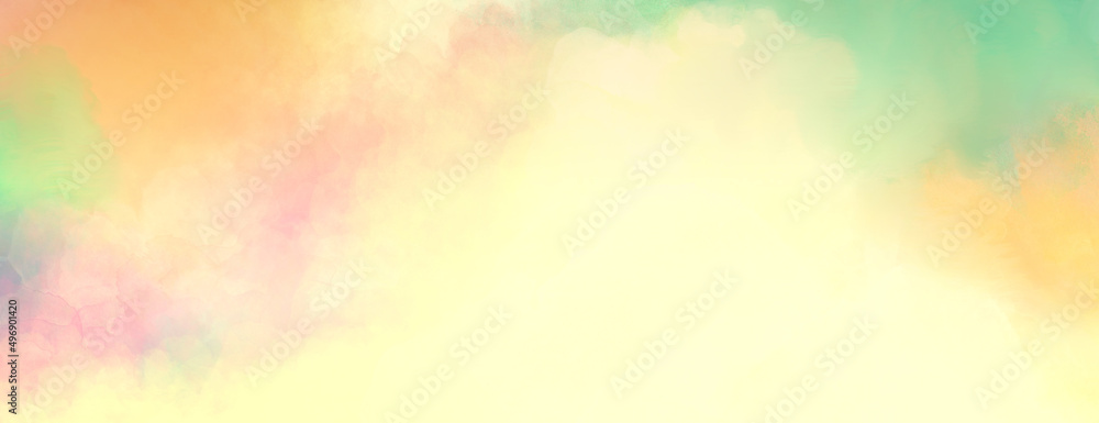 Abstract sunrise or sunset sky with puffy white clouds illustration, warm pastel colors of pink blue yellow green purple and orange with faint watercolor painted texture Abstract sunrise or sunset sky with puffy white clouds illustration, warm pastel colors of pink blue yellow green purple and orange with faint watercolor painted texture