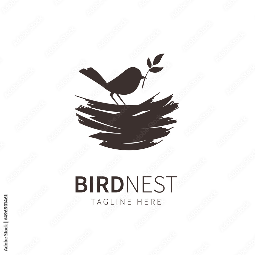 Obraz premium nest logo illustration silhouette bird and leaf. birdhouse symbol 