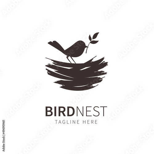 nest logo illustration silhouette bird and leaf. birdhouse symbol 