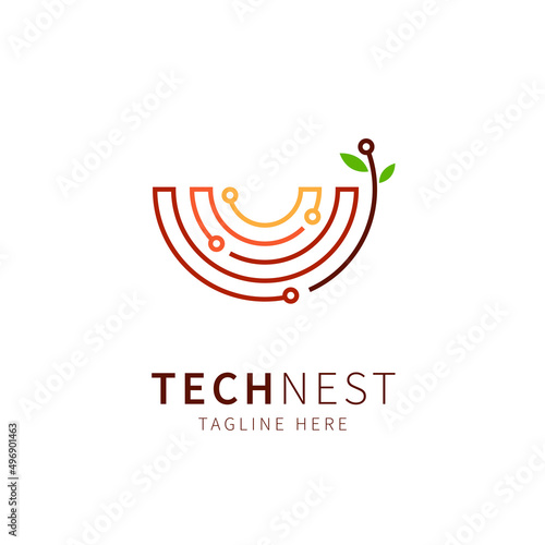 nest illustration with technology and leaf. birdhouse symbol logo Vector