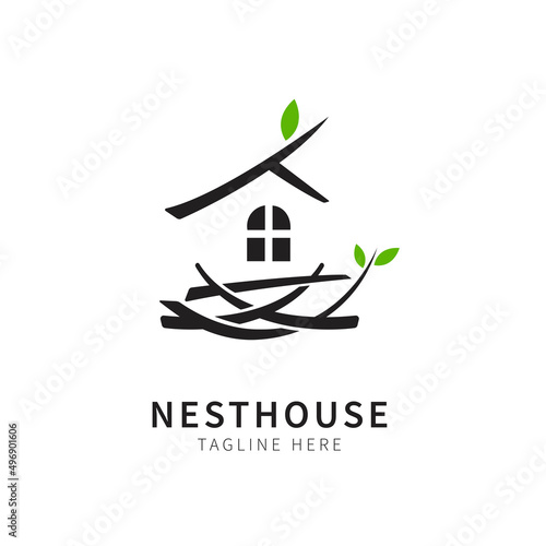 nest illustration with house and leaf. birdhouse symbol logo Vector
