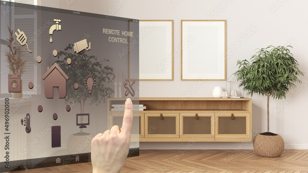 Smart home control concept, hand controlling digital interface from ...