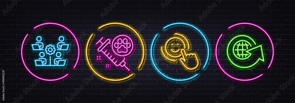 Dog vaccination, Smile and Teamwork minimal line icons. Neon laser 3d lights. World globe icons. For web, application, printing. Pets medicine, Positive feedback, Remote work. Around the world. Vector Dog vaccination, Smile and Teamwork minimal line icons. Neon laser 3d lights. World globe icons. For web, application, printing. Pets medicine, Positive feedback, Remote work. Around the world. Vector