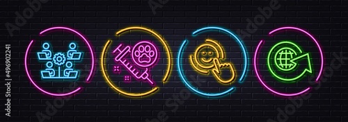 Dog vaccination, Smile and Teamwork minimal line icons. Neon laser 3d lights. World globe icons. For web, application, printing. Pets medicine, Positive feedback, Remote work. Around the world. Vector