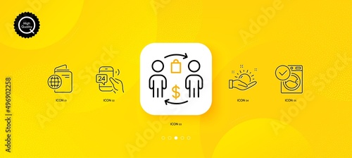 Buying process, Sunny weather and 24h service minimal line icons. Yellow abstract background. Travel passport, Washing machine icons. For web, application, printing. Vector