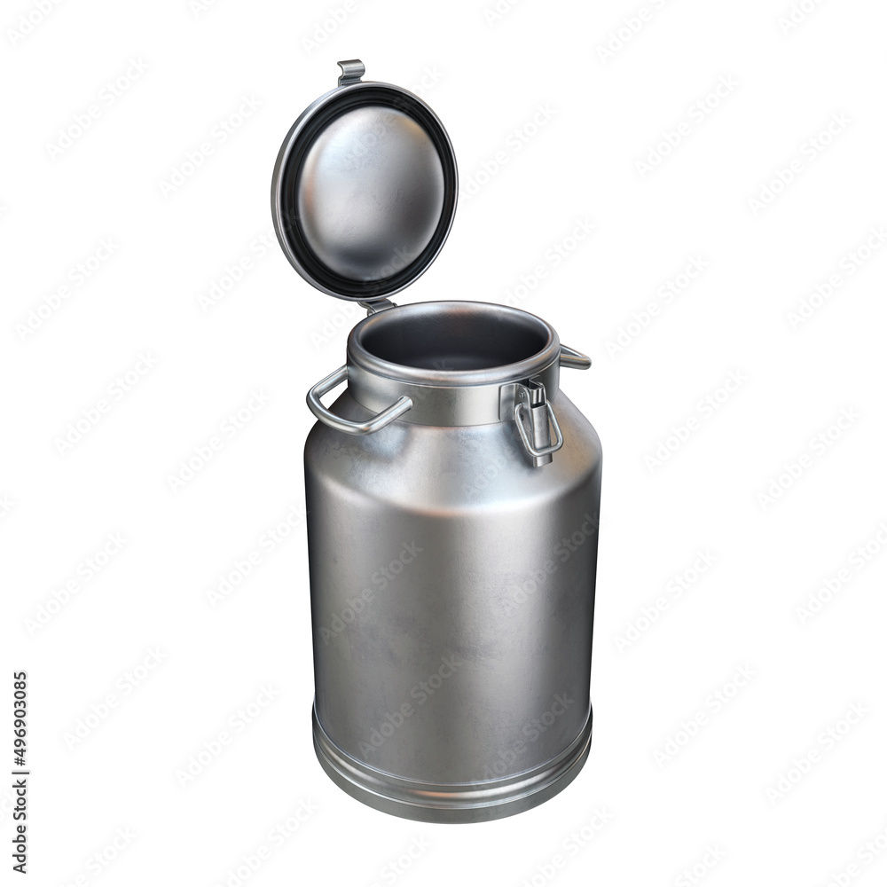 Milk can open silver on white background, 3d render Milk can open silver on white background, 3d render