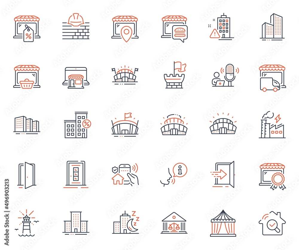 Buildings icons set. Included icon as Lighthouse, Food market and Open door web elements. Buildings, House security, Door icons. Night city, Online market, Build web signs. Vector