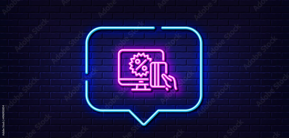 Neon light speech bubble. Online shopping line icon. Sale discount sign. Black friday symbol. Neon light background. Online shopping glow line. Brick wall banner. Vector Neon light speech bubble. Online shopping line icon. Sale discount sign. Black friday symbol. Neon light background. Online shopping glow line. Brick wall banner. Vector