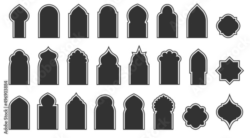 Set of Arabic windows and doors. Silhouette of Islamic architecture elements. Vector EPS 10