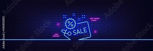 Neon light glow effect. Sale tag line icon. Shopping discount sign. Clearance symbol. 3d line neon glow icon. Brick wall banner. Sale outline. Vector