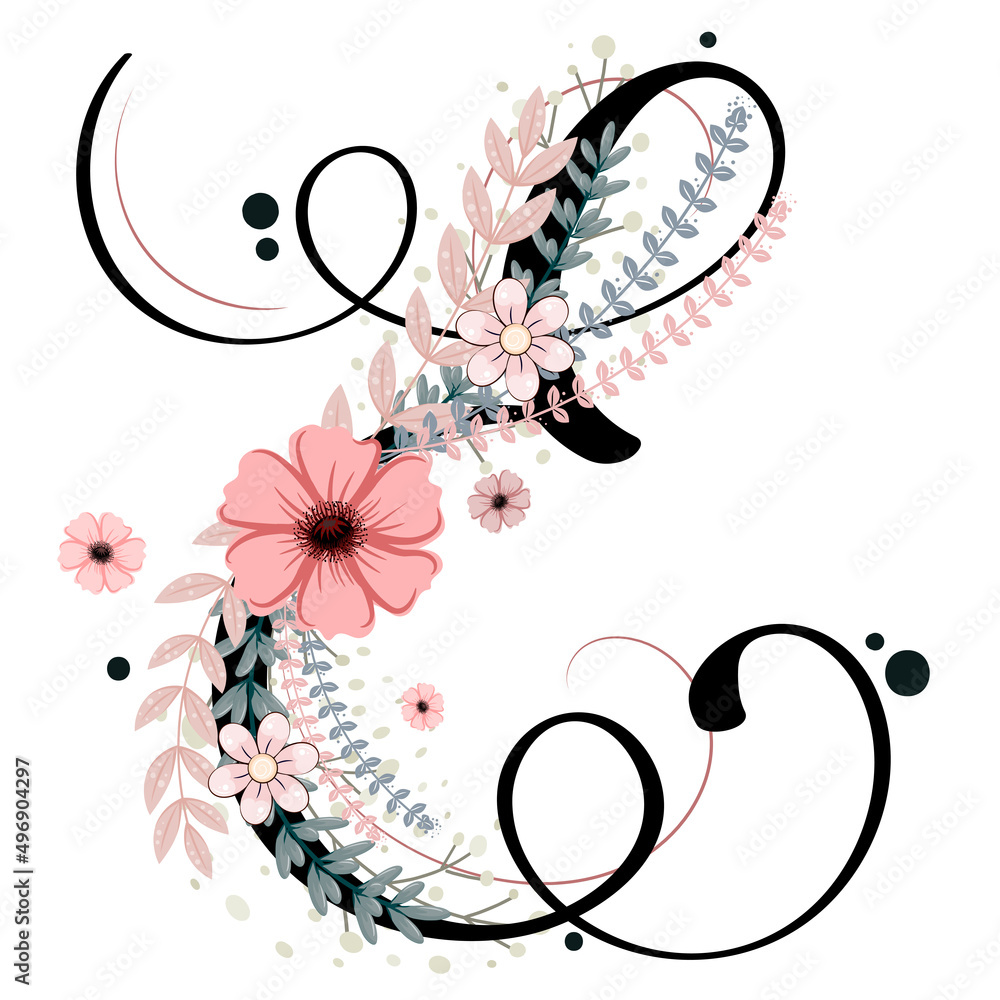 Alphabet letter E vector with flowers and leaves. Ornament letters