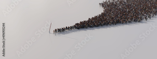 Canvastavla A stream of refugees at an open barrier. 3D illustration.