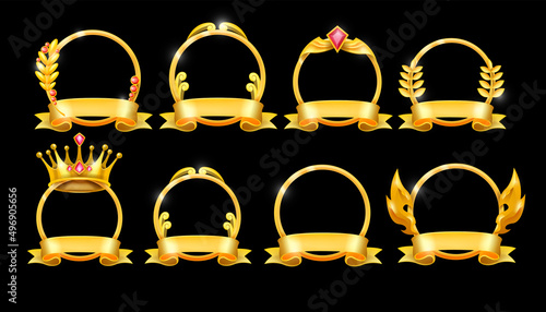 Gold winner frame set, king crown on black, vector award laurel wreath kit, circle trophy emblem. UI game level up achievement, victory ribbon, user avatar ranking badge. Decorative winner frame