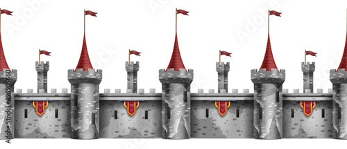 Fotografiet Seamless stone castle wall, old brick tower red flag on white, vector gray medieval fortress border