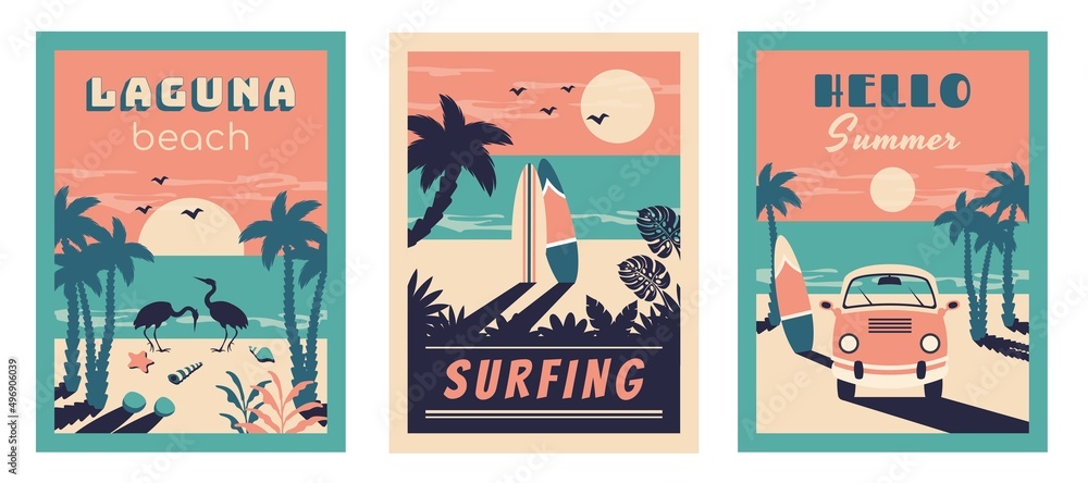 Set of summer beach vintage card. Summer background. Tropical seascape with silhouettes of bus,  palm leaves, flamingo, surfboards, starfish, seashells. Vector flat illustration for travel, holidays, 