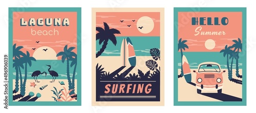 Set of summer beach vintage card. Summer background. Tropical seascape with silhouettes of bus,  palm leaves, flamingo, surfboards, starfish, seashells. Vector flat illustration for travel, holidays, 