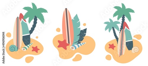 Set of tropical island. Surfboards in sand. Summer beach background with surfing, exotic palm leaves, starfish, shells. Vector cartoon illustration for travel, card, vacation holidays, resort, poster