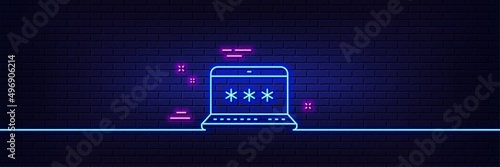 Neon light glow effect. Laptop password line icon. Cyber defence sign. Computer protection symbol. 3d line neon glow icon. Brick wall banner. Laptop password outline. Vector
