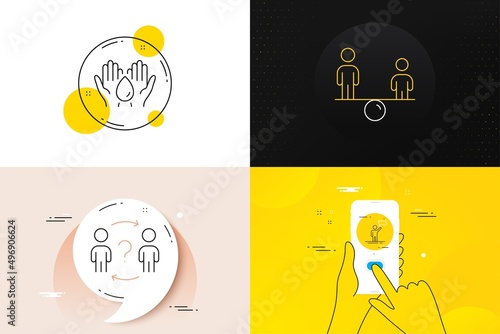 Minimal set of Safe water, Equity and Delegate question line icons. Phone screen, Quote banners. Leadership icons. For web development. Hold drop, Social equality, Search worker. Winner flag. Vector