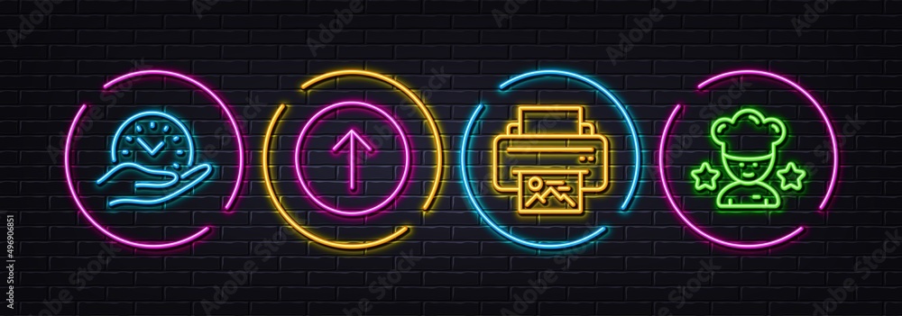 Print image, Safe time and Swipe up minimal line icons. Neon laser 3d lights. Best chef icons. For web, application, printing. Printer, Management, Scroll screen. Ranking stars. Vector