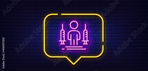 Neon light speech bubble. Coronavirus two injections line icon. Corona vaccine syringe sign. Covid jab symbol. Neon light background. Coronavirus injections glow line. Brick wall banner. Vector