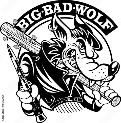 cartoon wolf holding switchblade knife and baseball bat
