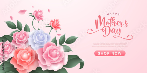 Happy Mother’s day with beautiful flowers on soft pink background. Vintage greeting or invitation card vector illustration design for mom day, valentine and wedding